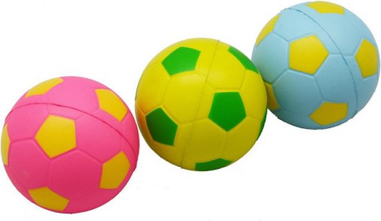 Foto: Mixballen 6 3 cm soft foam 3 kleuren in net met headercard kleur blauw roze geel met voetbalprint