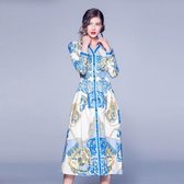 Jurk met print en enkele rij knopen met lange mouwen (kleur: blauw, maat: XL)-Blauw