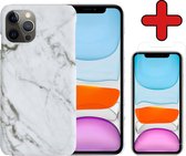 Hoes voor iPhone 11 Pro Hoesje Marmer Hardcover Fashion Case Hoes Met Screenprotector - Hoes voor iPhone 11 Pro Marmer Hoesje Hardcase Back Cover - Wit x Grijs