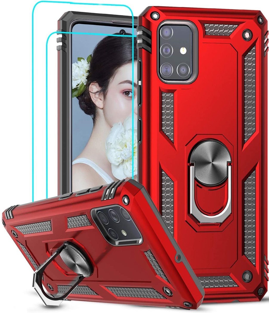 BixB Samsung A51 Hoesje met Ring houder en 2x Glazen screenprotector tempered - Rood