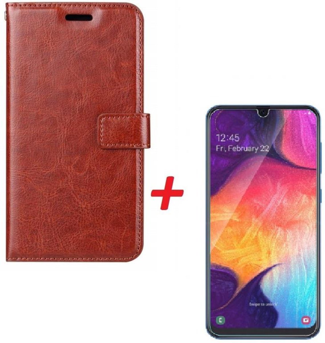 Samsung Galaxy A70 telefoon hoesje met pasjeshouder - Bruin Met Screenprotector - van Bixb