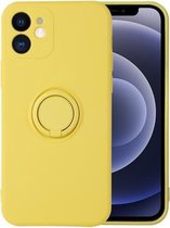 Effen kleur vloeibare siliconen schokbestendige volledige dekking beschermhoes met ringhouder voor iPhone 12 mini (geel)