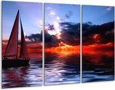 GroepArt - Schilderij -  Zee - Rood, Geel, Blauw - 120x80cm 3Luik - 6000+ Schilderijen 0p Canvas Art Collectie