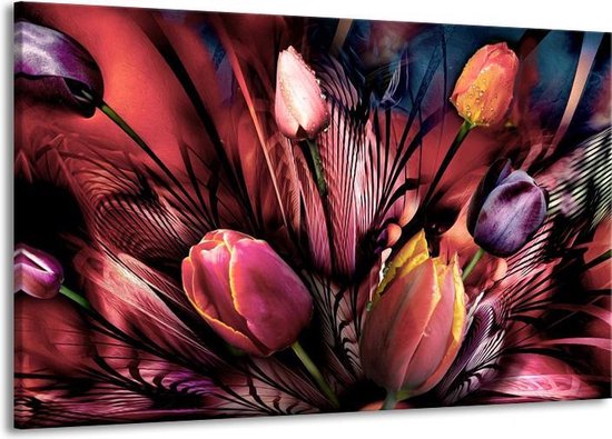 Schilderij Op Canvas - Groot -  Tulpen - Roze, Paars - 140x90cm 1Luik - GroepArt 6000+ Schilderijen Woonkamer - Schilderijhaakjes Gratis