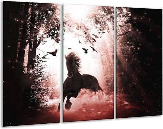 GroepArt - Schilderij -  Paard - Rood, Zwart, Wit - 120x80cm 3Luik - 6000+ Schilderijen 0p Canvas Art Collectie