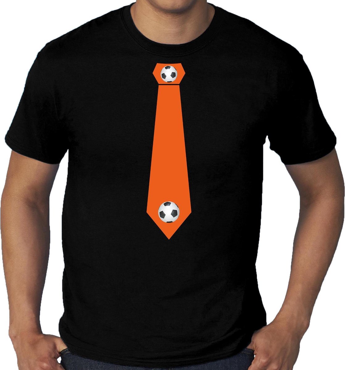 Afbeelding van product Bellatio Decorations  Grote maten zwart fan t-shirt voor heren - oranje voetbal stropdas - Holland / Nederland supporter - EK/ WK shirt / outfit XXXXL  - maat XXXXL