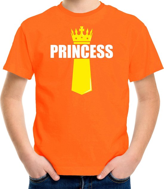 Koningsdag t-shirt Princess met kroontje oranje - kinderen - Kingsday outfit / kleding / shirt 134/140