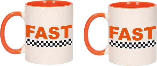 4x stuks fast met finish vlag beker / mok wit en oranje - 300 ml - racing / formule 1  - Nederland supporter / fan