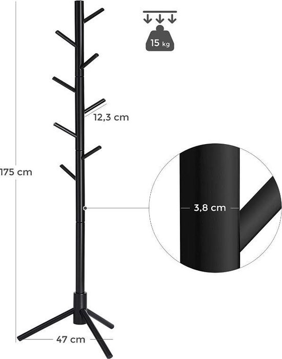Zwarte staande kapstok van 175 cm hoog met 15 kg draagkracht en afmetingen.