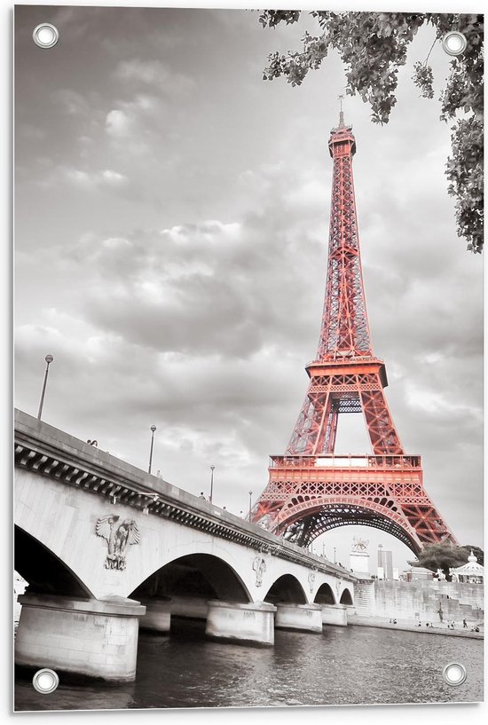 Tuinposter – Rode Eiffeltoren in Zwart/Wit Parijs - 40x60cm Foto op Tuinposter  (wanddecoratie voor buiten en binnen)