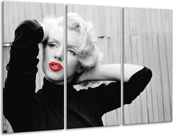 Glasschilderij Marilyn Monroe, Muziek - Grijs, Zwart, Rood - 120x80cm 3Luik - Foto Op Glas - Geen Acrylglas Schilderij - GroepArt 6000+ Glas Art Collectie - Maatwerk Mogelijk