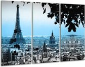 Glasschilderij Parijs, Eiffeltoren - Blauw, Grijs - 120x80cm 3Luik - Foto Op Glas - Geen Acrylglas Schilderij - GroepArt 6000+ Glas Art Collectie - Maatwerk Mogelijk