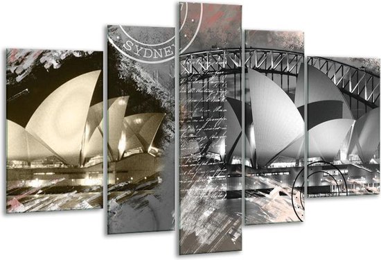 Glasschilderij Sydney, Modern - Grijs, Crème , Rood - 170x100cm 5Luik - Foto Op Glas - Geen Acrylglas Schilderij - 6000+ Glasschilderijen Collectie - Wanddecoratie