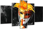 Glasschilderij Masker - Zwart, Grijs, Oranje - 170x100cm 5Luik - Foto Op Glas - Geen Acrylglas Schilderij - 6000+ Glasschilderijen Collectie - Wanddecoratie