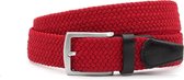 Thimbly Belts Nette elastische rode riem afgewerkt met leer - heren en dames riem - 3.5 cm breed - Rood - Echt Katoen / Leer - Taille: 90cm - Totale lengte riem: 105cm