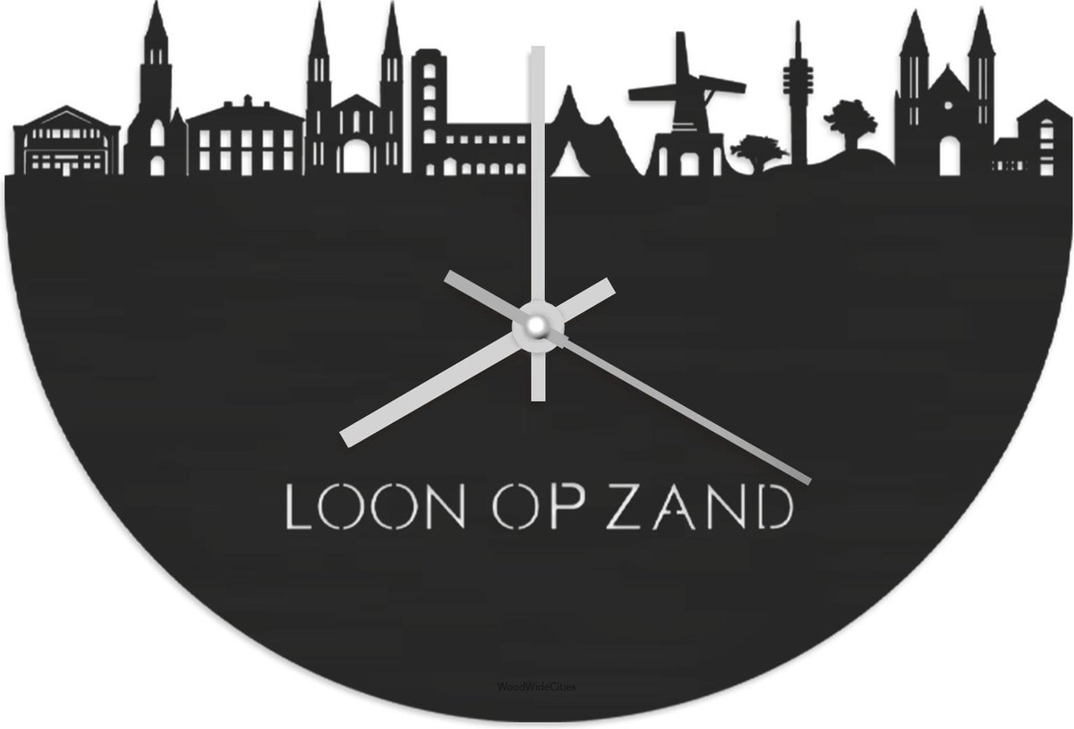 Skyline Klok Loon op Zand Zwart hout - Ø 40 cm - Stil uurwerk - Wanddecoratie - Meer steden beschikbaar - Woonkamer idee - Woondecoratie - City Art - Steden kunst - Cadeau voor hem - Cadeau voor haar - Jubileum - Trouwerij - Housewarming -