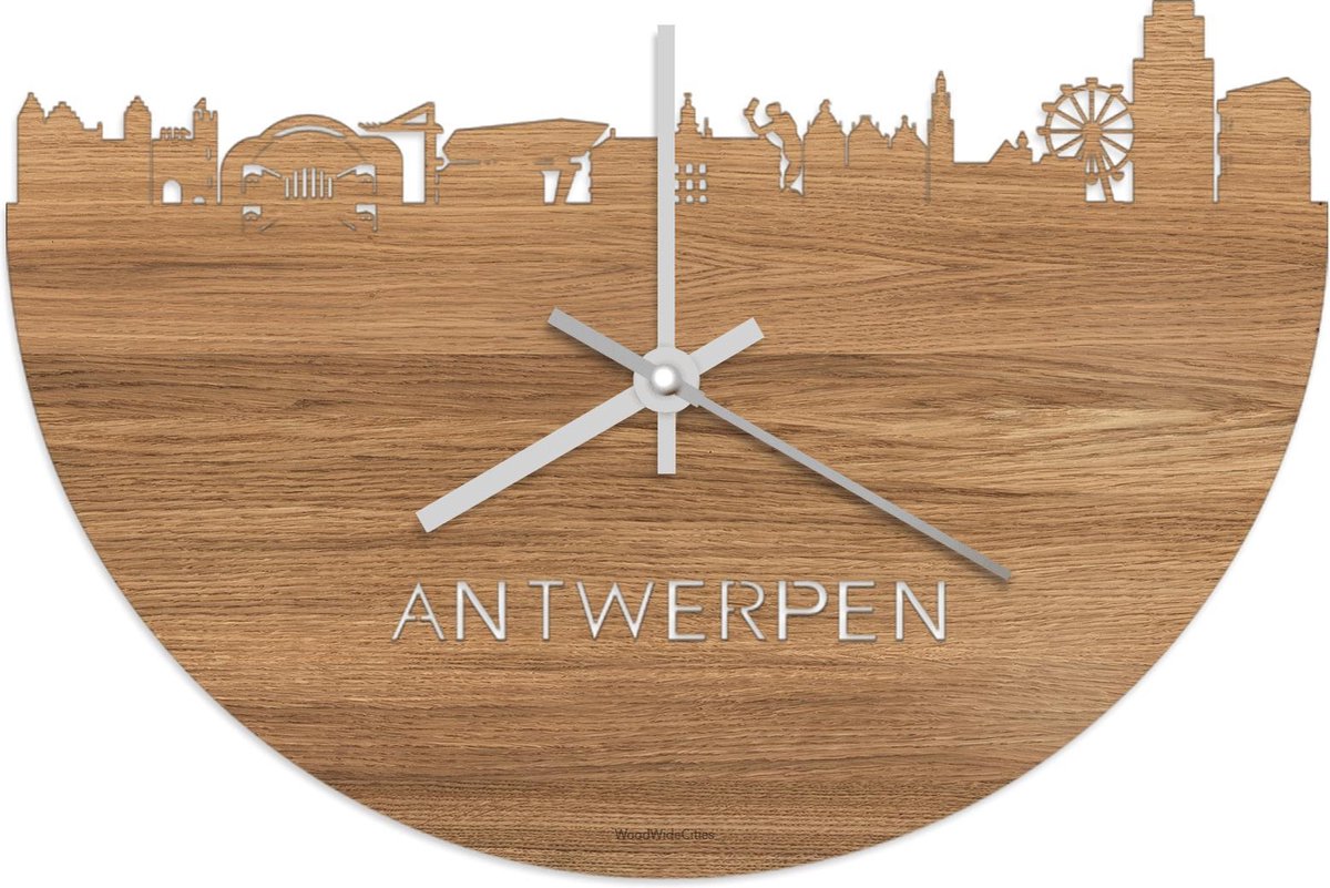 Skyline Klok Antwerpen Eikenhout - Ø 40 cm - Stil uurwerk - Wanddecoratie - Meer steden beschikbaar - Woonkamer idee - Woondecoratie - City Art - Steden kunst - Cadeau voor hem - Cadeau voor haar - Jubileum - Trouwerij - Housewarming - WoodWideCities