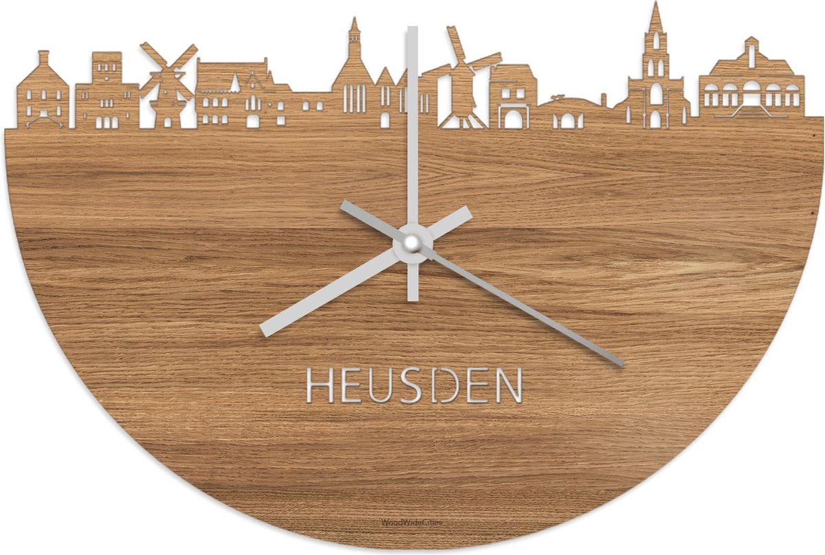 Skyline Klok Heusden Eikenhout - Ø 40 cm - Stil uurwerk - Wanddecoratie - Meer steden beschikbaar - Woonkamer idee - Woondecoratie - City Art - Steden kunst - Cadeau voor hem - Cadeau voor haar - Jubileum - Trouwerij - Housewarming - WoodWideCities
