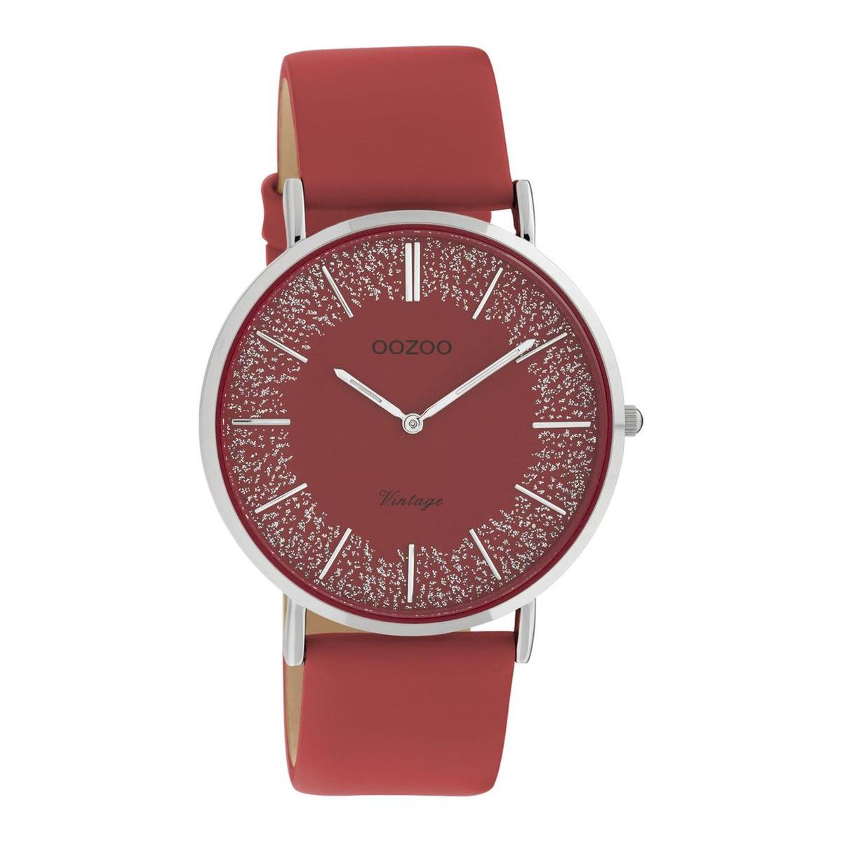 OOZOO Vintage series - zilverkleurige horloge met rode leren band - C20129 - Ø40