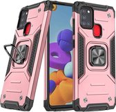 Samsung A21S Hoesje - Heavy Duty Armor hoesje Rose Goud - Galaxy A21s silicone TPU hybride hoesje Kickstand ringhouder met Magnetisch Auto Mount