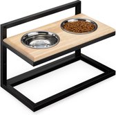 Navaris houder voor dubbele voerbak - In hoogte verstelbaar voederstation van hout en metaal - Inclusief 2 roestvrijstalen bakken - Voor honden