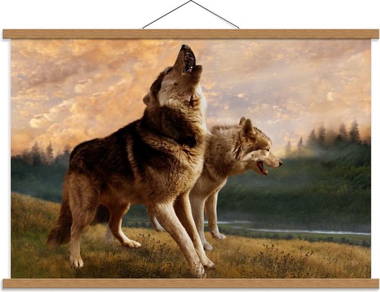 Schoolplaat – Twee Bruine Wolven  - 90x60cm Foto op Textielposter (Wanddecoratie op Schoolplaat)