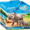 Playmobil verpakking met een grote grijze neushoorn en een kleine grijze neushoorn.