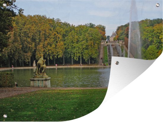 Tuin decoratie Park in Versailles met een standbeeld en een fontein - 40x30 cm - Tuindoek - Buitenposter