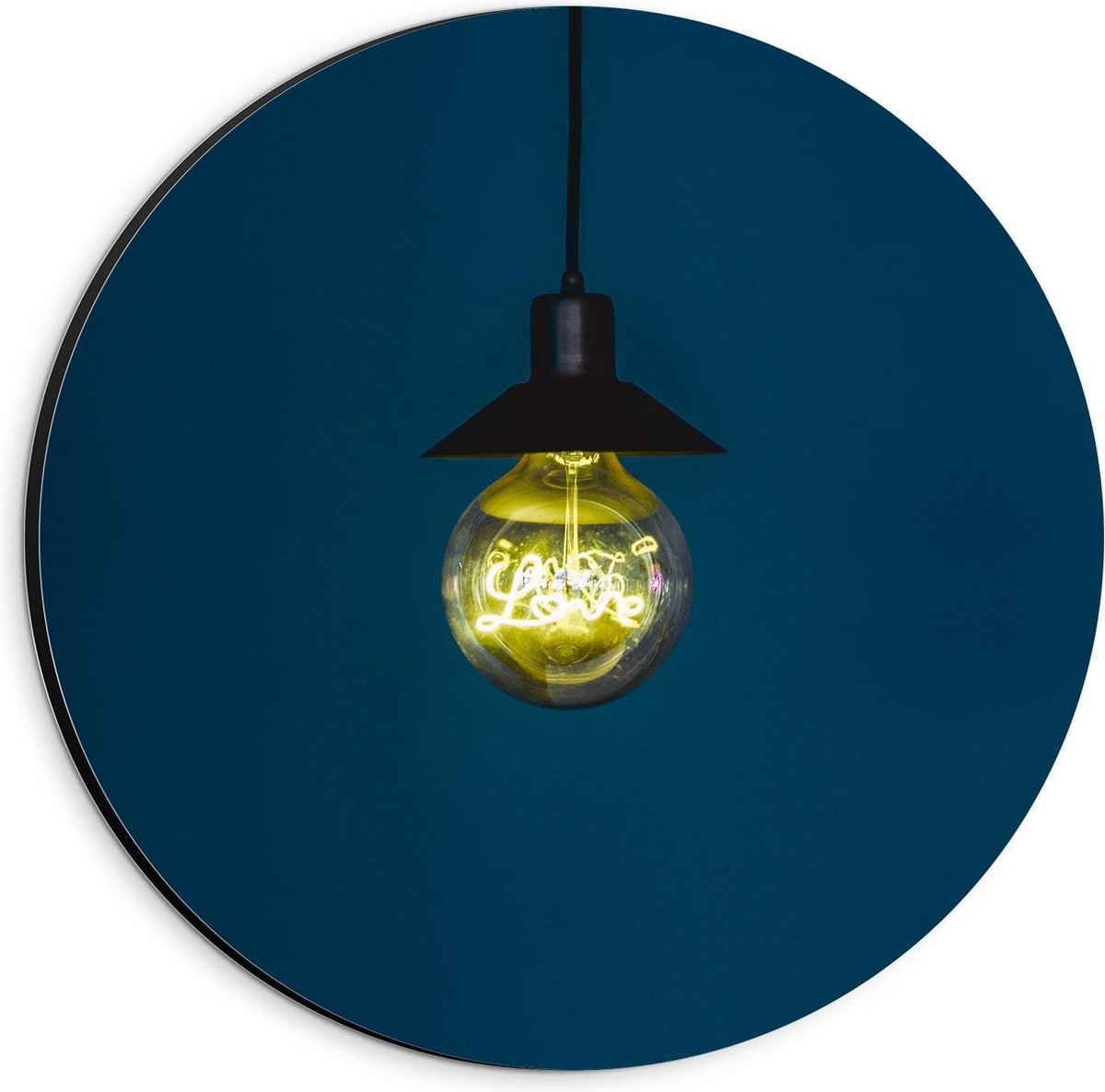 Dibond Wandcirkel - Gloeilamp met Blauwe Achtergrond - 20x20cm Foto op Aluminium Wandcirke