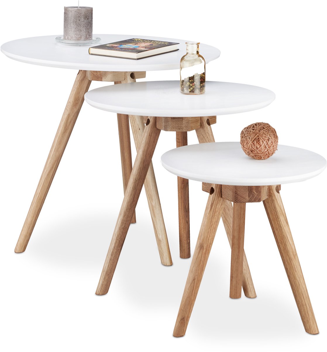 Relaxdays bijzettafeltjes walnoothout - set van 3 - klein - 50 cm - 40 cm - 32 cm - woonkamer lichtbruin