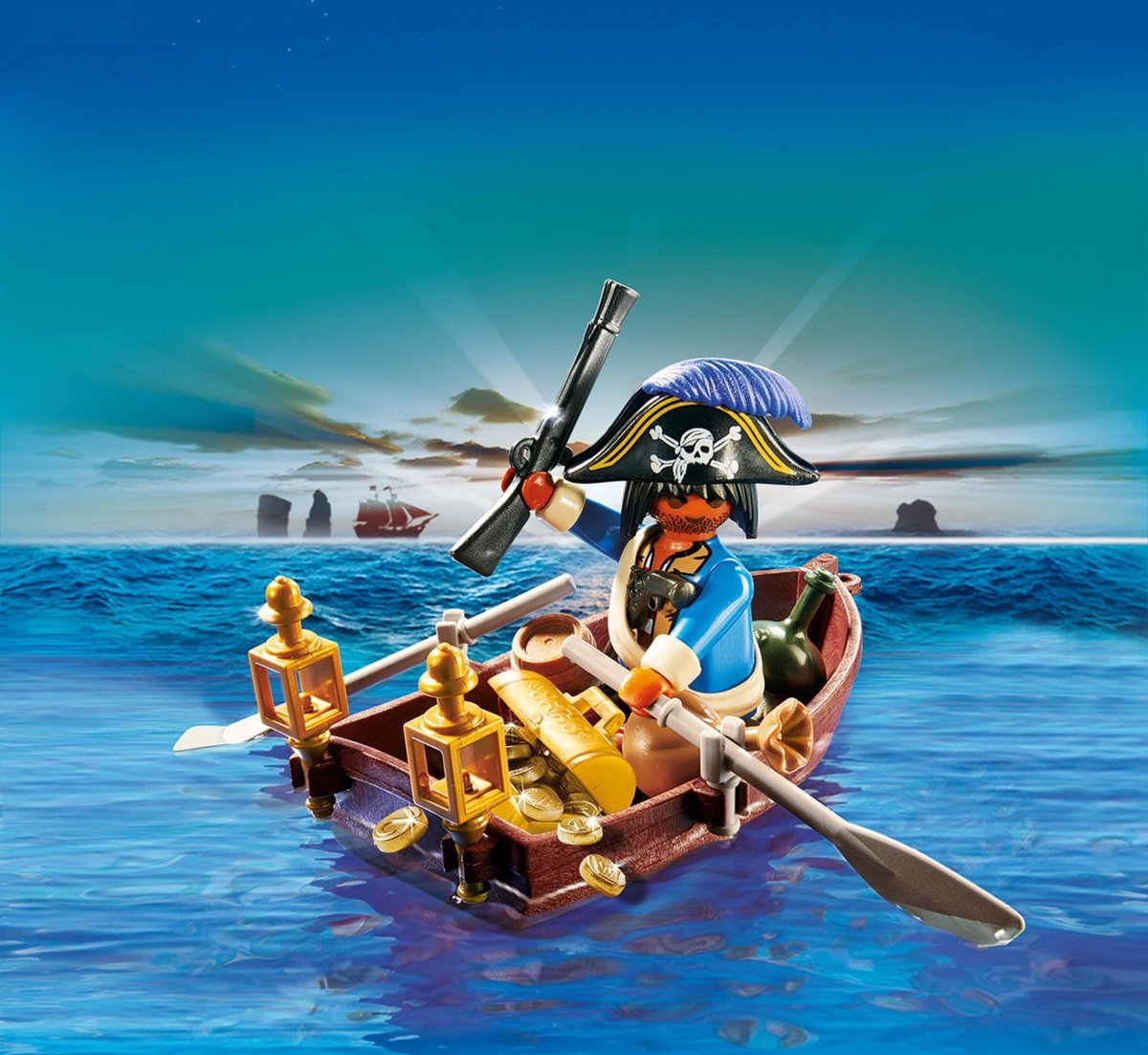 Piraat met roeiboot / Pirate avec barque et trésor