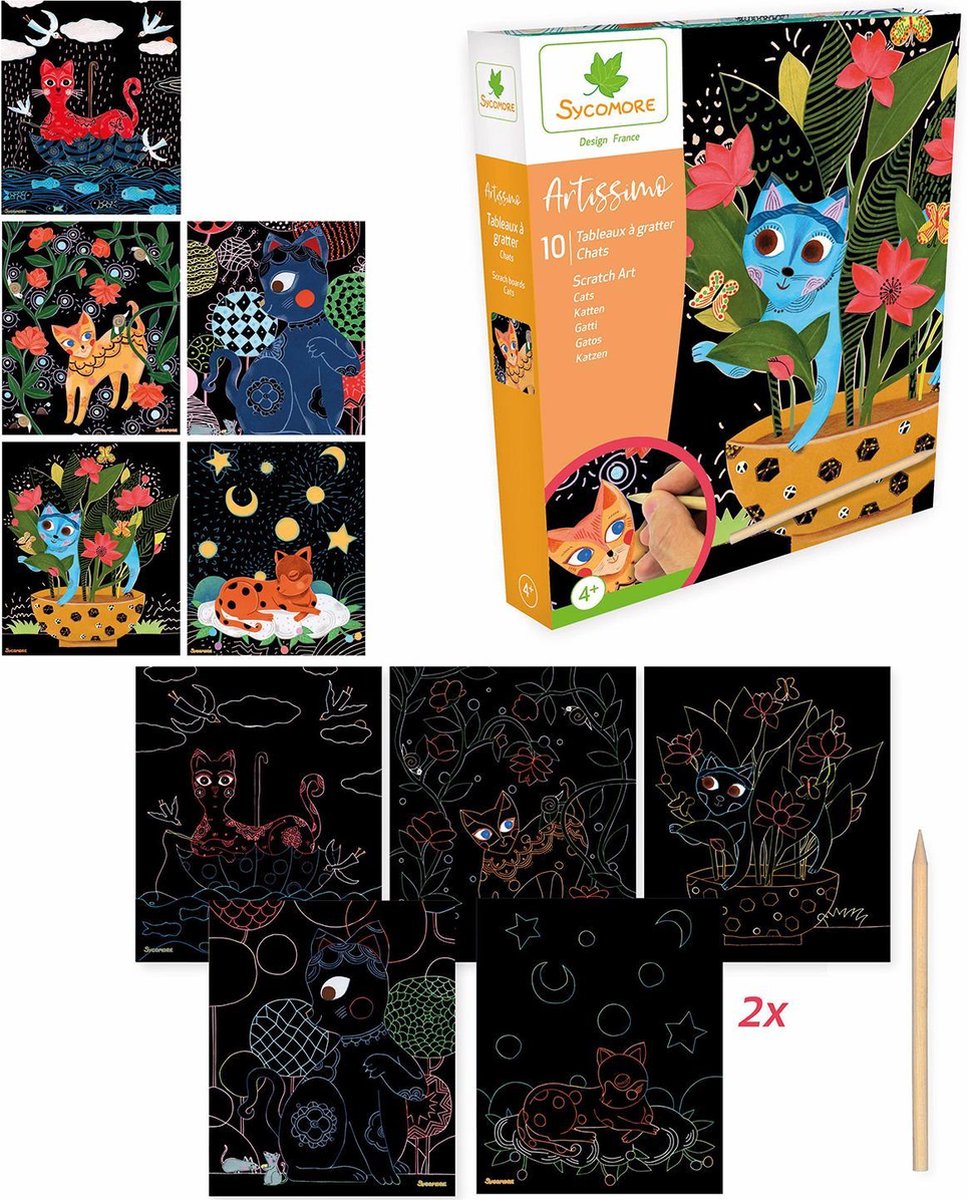 Sycomore creatieve scratch art knutselset katten voor kinderen.
