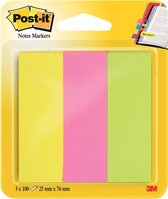 Post-it® Notes Markeerstroken, Geel, Roze, Groen, 25 x 76 mm, 3 Blokken, 100 Blaadjes/Blok