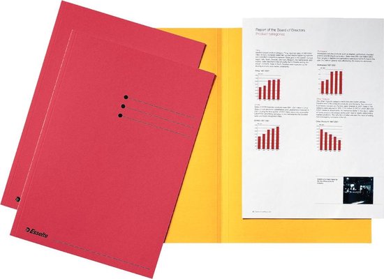 Deux chemises Esselte rouges avec trois points noirs et un rabat intérieur jaune. Une chemise repose sur l'autre.