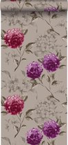 ESTAhome behang hortensia's taupe en aubergine paars - 128024 - 53 cm x 10,05 m