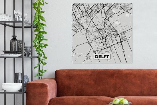 Tableau sur Toile Carte de Ville - Delft - Grijs - Wit - 90x90 cm - Décoration murale