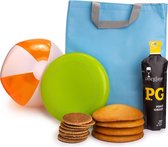 Zomer pakket; Grote koeltas, 8 stroopwafels, 4 eierkoeken, wijn, frisbee, strandbal