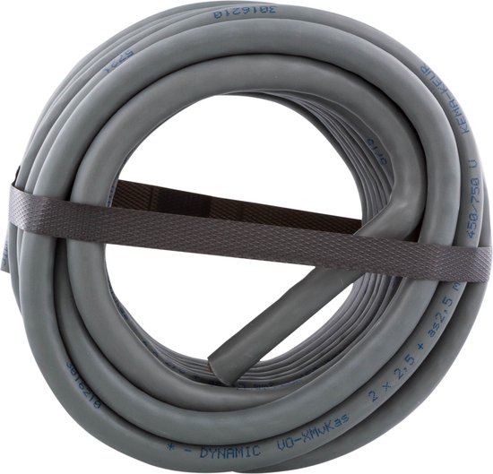 Grijze kabel, opgerold en samengebonden met een grijze band. Tekst op kabel: "DYNAMIC UO-XMvKäs"