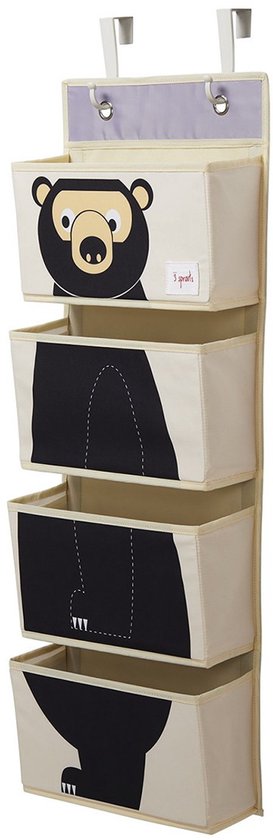 Beige wand organizer met een beer gezicht op de bovenste mand en zwarte berenpoten op de andere manden.
