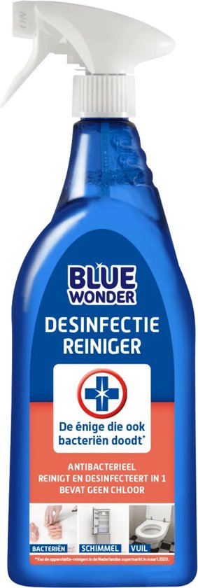 Blauwe spuitfles met BLUE WONDER Desinfectie Reiniger etiket en drie afbeeldingen.