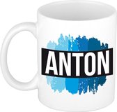 Anton naam cadeau mok / beker met verfstrepen - Cadeau collega/ vaderdag/ verjaardag of als persoonlijke mok werknemers