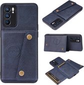 Voor OPPO Reno6 dubbele gesp PU + TPU schokbestendige magnetische beschermhoes met kaartsleuf en houder (blauw)