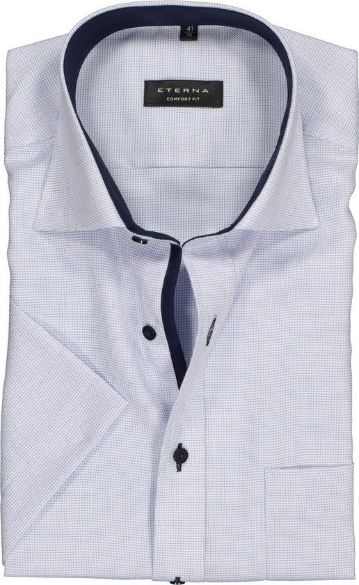 ETERNA comfort fit overhemd - korte mouw - structuur heren overhemd - lichtblauw met wit (donkerblauw contrast) - Strijkvrij - Boordmaat: