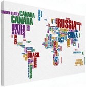Wereldkaart Continenten In Tekst Kleur - Canvas 40x60