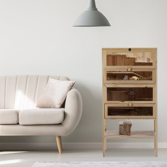 Hamsterkooi 3 etages houten knaagdierhok met klepjes - 120x60x40 cm - XXL natuurlijke knaagdierenkooi