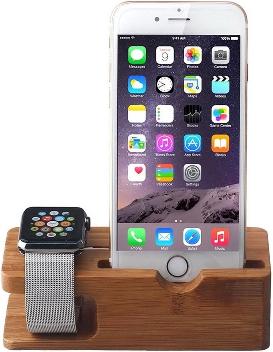 By Qubix Houten houder - Bamboe - Geschikt voor Apple watch en iPhone standaard - docking station