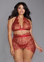 Delicate Floral Embroidery Three-Piece Set - Garnet - Maat 3XL