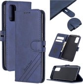 Voor Samsung Galaxy S20 Stiksels Stijl 2-Kleur Koe Textuur Horizontale Flip PU Lederen Case met Houder & Kaartsleuf & Lanyard (Blauw)