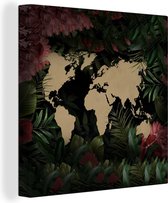 Canvas Wereldkaart - 90x90 - Wanddecoratie Wereldkaart - Planten - Bloemen