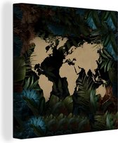 Canvas Wereldkaart - 50x50 - Wanddecoratie Wereldkaart - Bloemen - Blauw